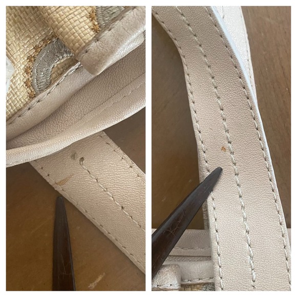 Stuart Weitzman Woven Fabric Leather Hobo Bag Cream Tan Sky Blue Tote Bag Charm - Picture 8 of 12